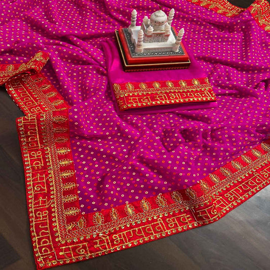 Women's Lace Bordered Karwa Chauth Look In Sada Saubhagyavati Bhava Pink Saree